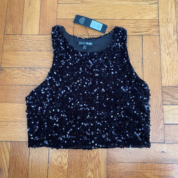 FASHION NOVA NWT Amore Black Sequin Top - Size L - Picture 3 of 9